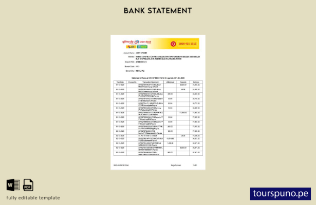 listo para imprimir plantilla de Word (estado de cuenta) de India Union Bank of 